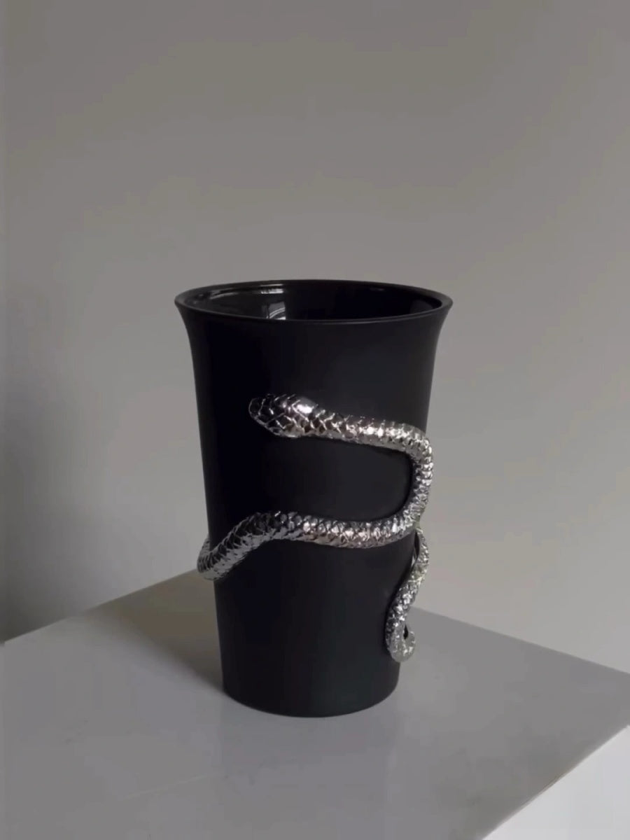 The Whispering Coil Black Glass Cup with Snake Detail– Single or Pair with Gift Box - Chic Chambers