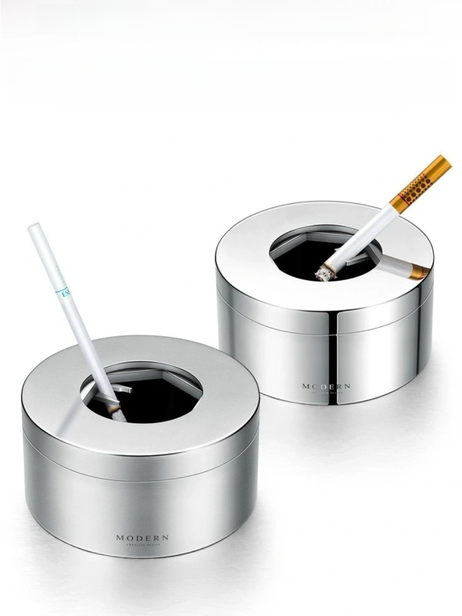 Modern Rotating Lid Stainless Steel Ashtray with Hand-Polished Finish - Chic Chambers