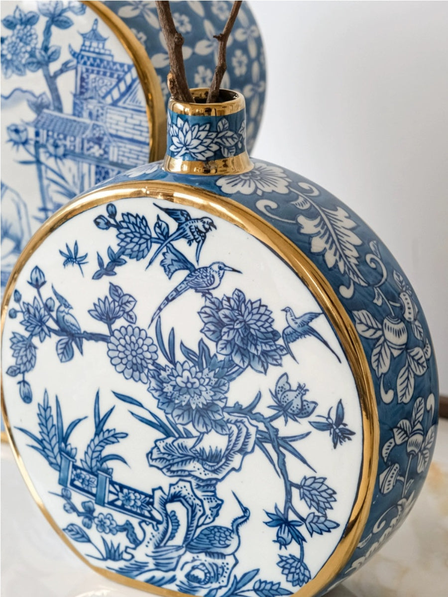 Artistic Blue and White Porcelain Vase Set with Gold Detailing - Chic Chambers
