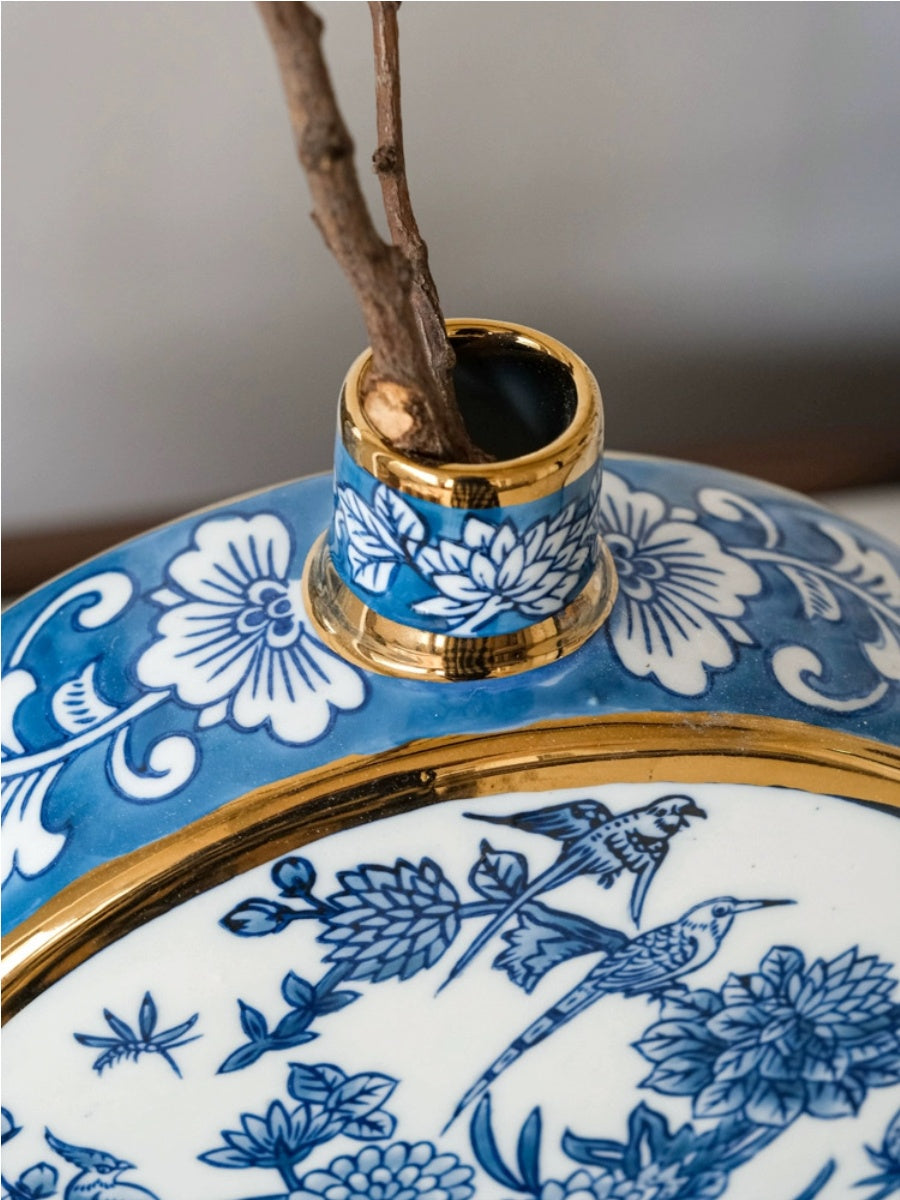 Artistic Blue and White Porcelain Vase Set with Gold Detailing - Chic Chambers