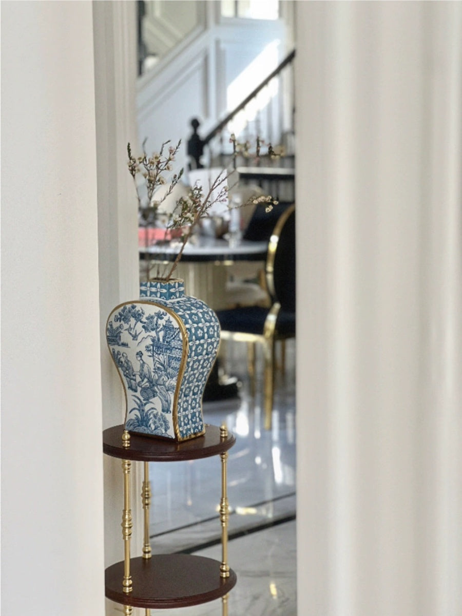 Artistic Blue and White Porcelain Vase Set with Gold Detailing - Chic Chambers