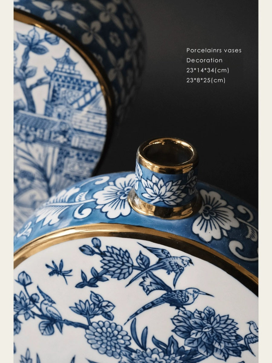 Artistic Blue and White Porcelain Vase Set with Gold Detailing - Chic Chambers