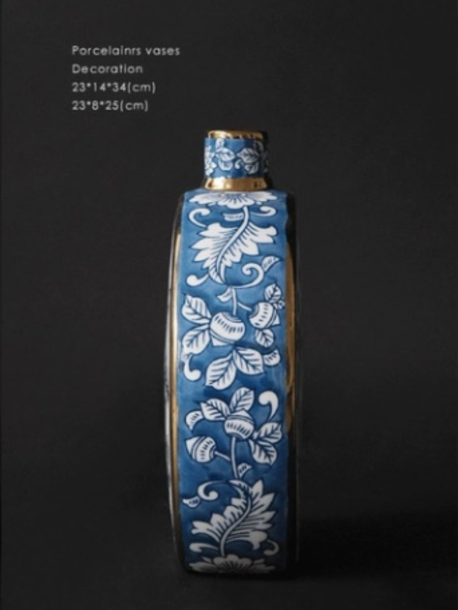 Artistic Blue and White Porcelain Vase Set with Gold Detailing - Chic Chambers