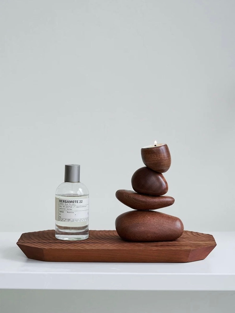 Balancing Stone Sculpture Wooden Candle Holder Zen-Inspired Art Object - Chic Chambers