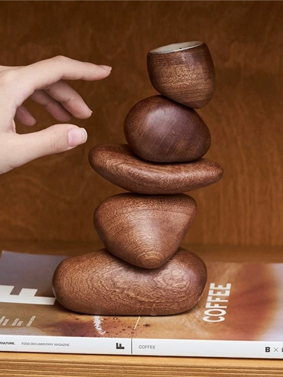 Balancing Stone Sculpture Wooden Candle Holder Zen-Inspired Art Object - Chic Chambers