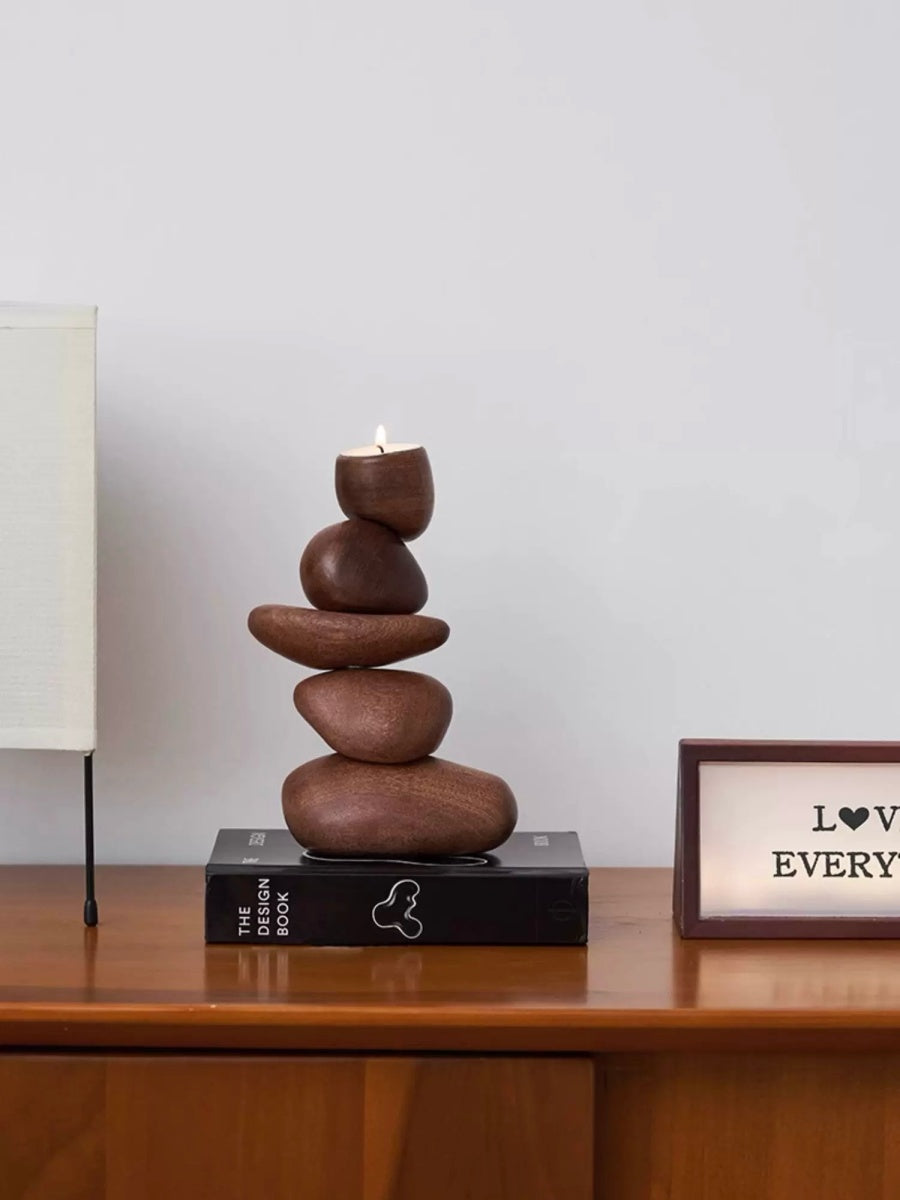 Balancing Stone Sculpture Wooden Candle Holder Zen-Inspired Art Object - Chic Chambers