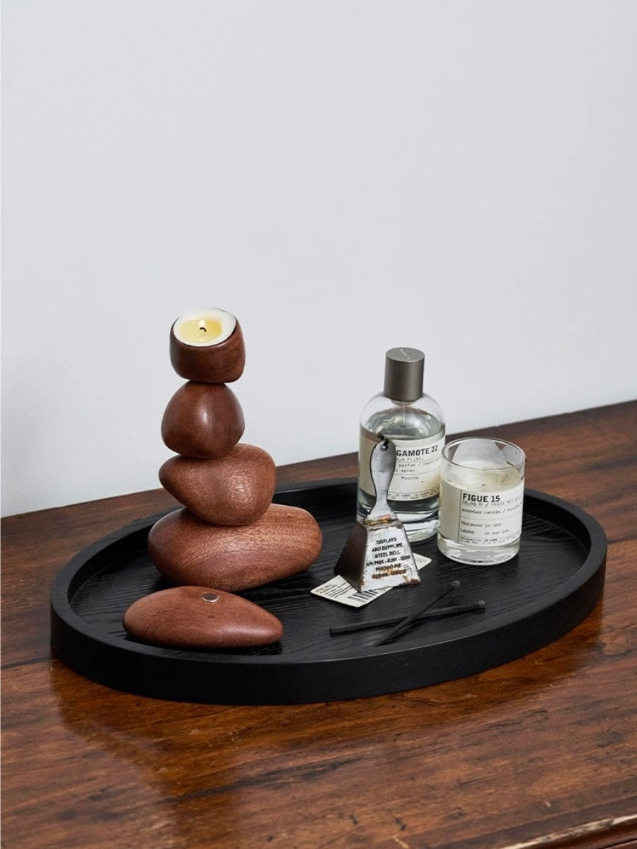 Balancing Stone Sculpture Wooden Candle Holder Zen-Inspired Art Object - Chic Chambers