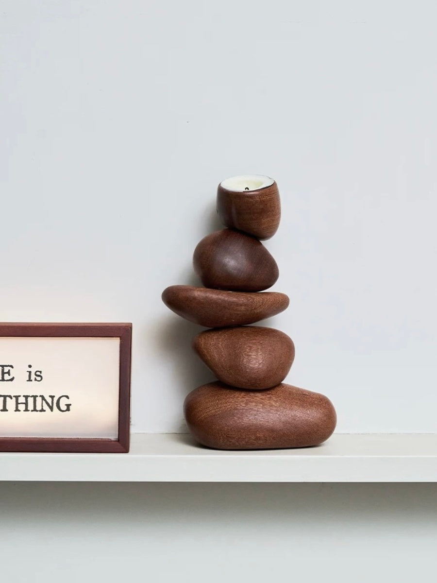 Balancing Stone Sculpture Wooden Candle Holder Zen-Inspired Art Object - Chic Chambers