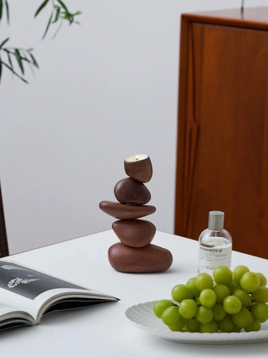 Balancing Stone Sculpture Wooden Candle Holder Zen-Inspired Art Object - Chic Chambers