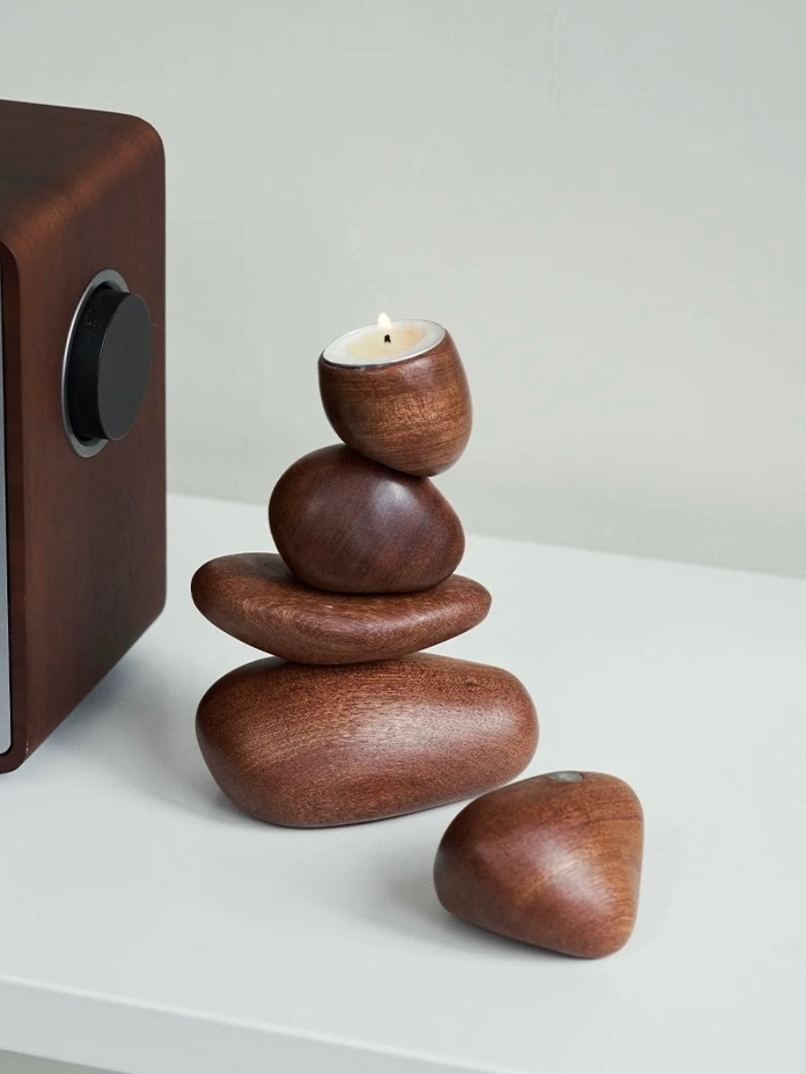 Balancing Stone Sculpture Wooden Candle Holder Zen-Inspired Art Object - Chic Chambers