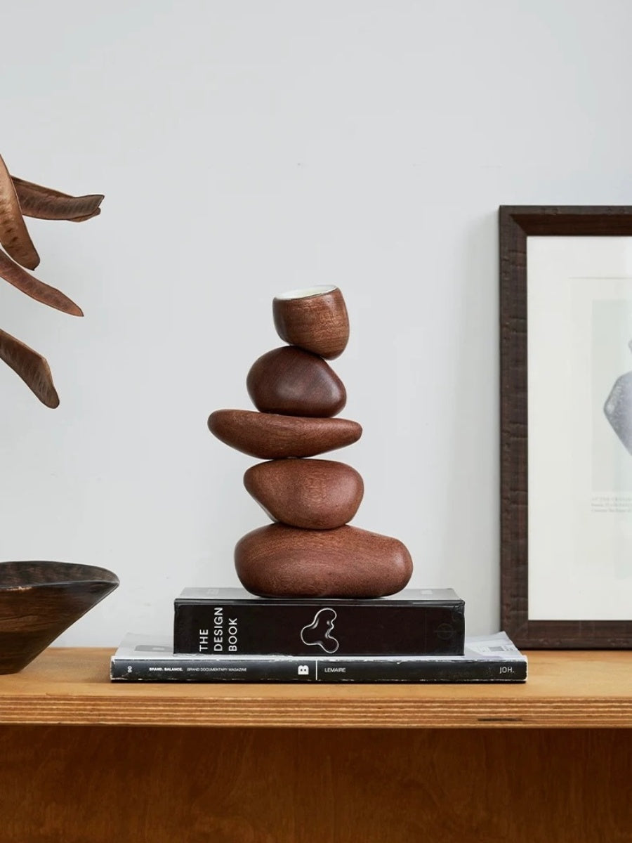 Balancing Stone Sculpture Wooden Candle Holder Zen-Inspired Art Object - Chic Chambers