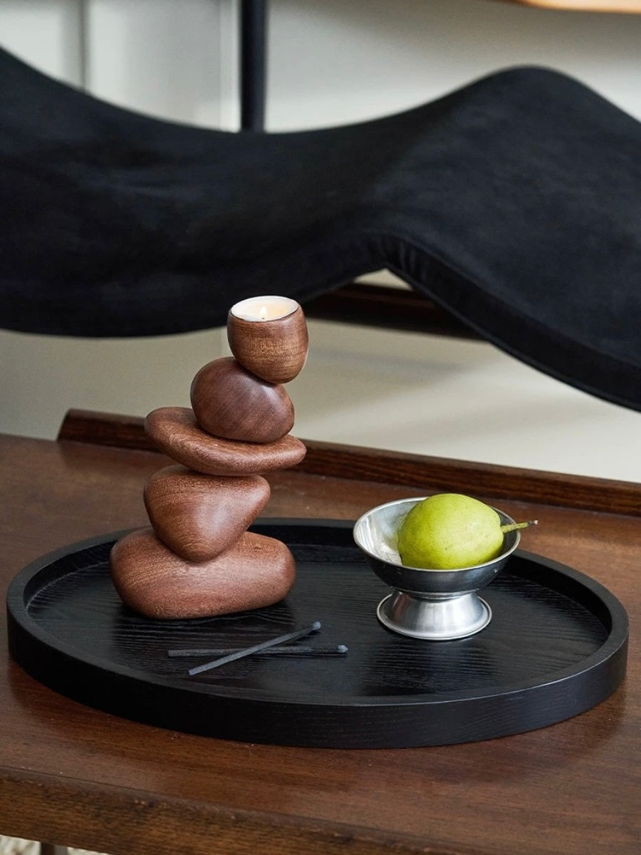 Balancing Stone Sculpture Wooden Candle Holder Zen-Inspired Art Object - Chic Chambers