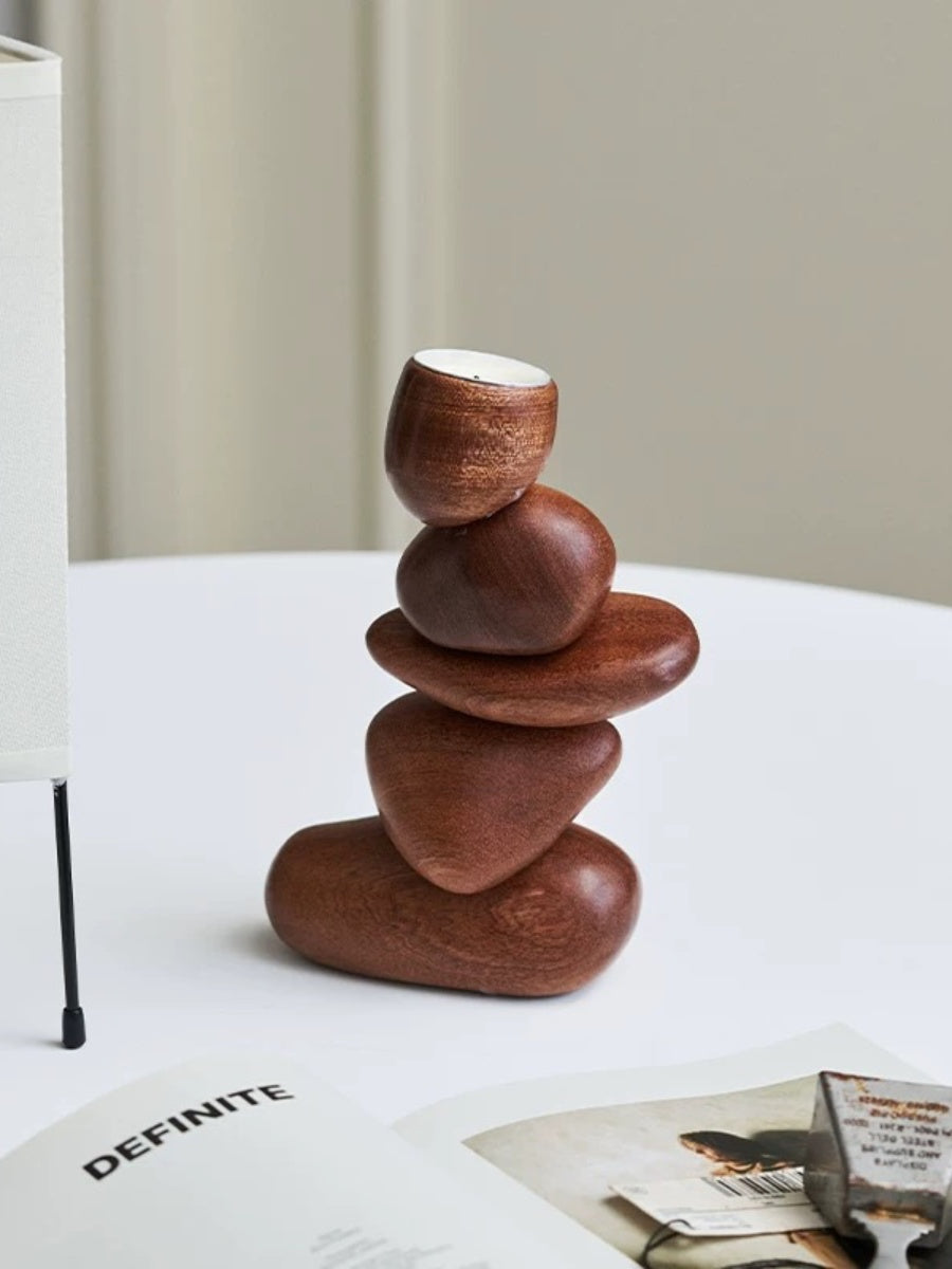 Balancing Stone Sculpture Wooden Candle Holder Zen-Inspired Art Object - Chic Chambers