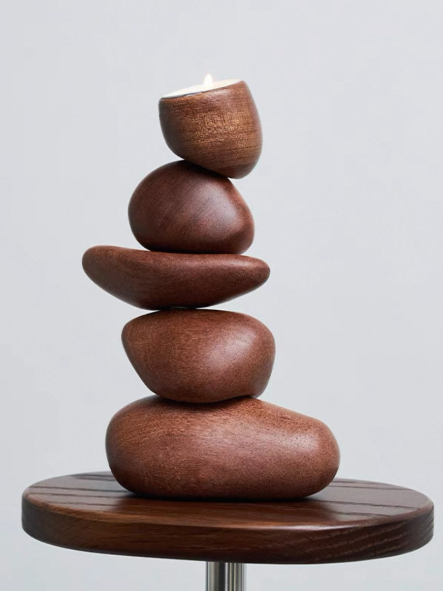 Balancing Stone Sculpture Wooden Candle Holder Zen-Inspired Art Object - Chic Chambers