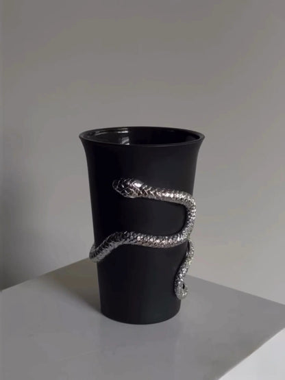 The Whispering Coil Black Glass Cup with Snake Detail– Single or Pair with Gift Box - Chic Chambers