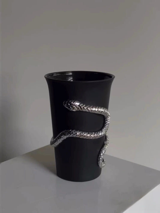 The Whispering Coil Black Glass Cup with Snake Detail– Single or Pair with Gift Box - Chic Chambers