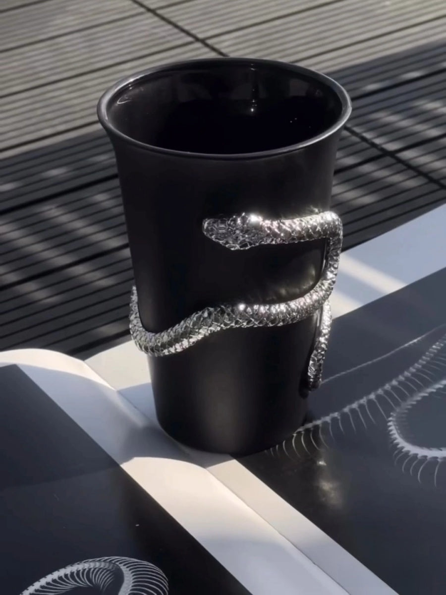 The Whispering Coil Black Glass Cup with Snake Detail– Single or Pair with Gift Box - Chic Chambers