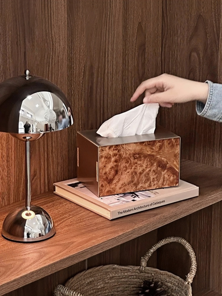 Brushed Stainless Steel Tissue Box with Natural Wood Grain - Chic Chambers