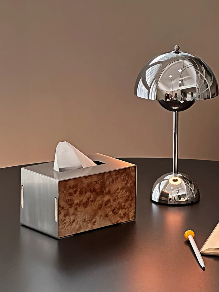 Brushed Stainless Steel Tissue Box with Natural Wood Grain - Chic Chambers