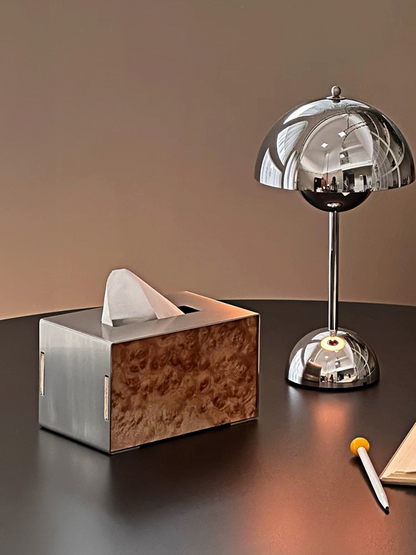 Brushed Stainless Steel Tissue Box with Natural Wood Grain - Chic Chambers