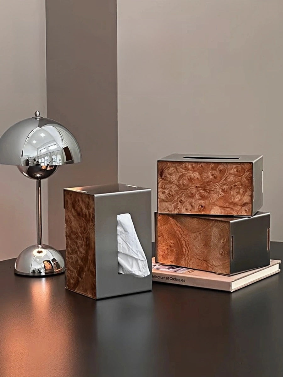 Brushed Stainless Steel Tissue Box with Natural Wood Grain - Chic Chambers