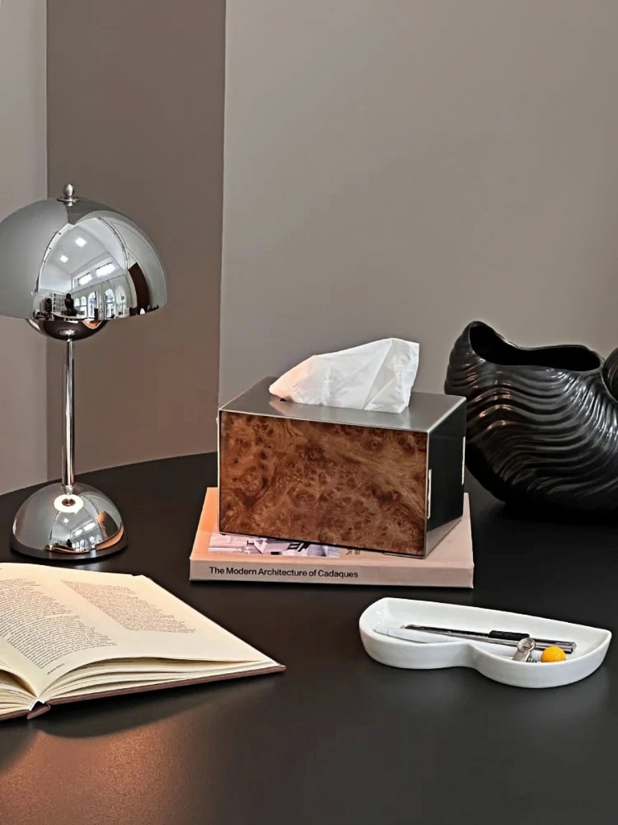 Brushed Stainless Steel Tissue Box with Natural Wood Grain - Chic Chambers