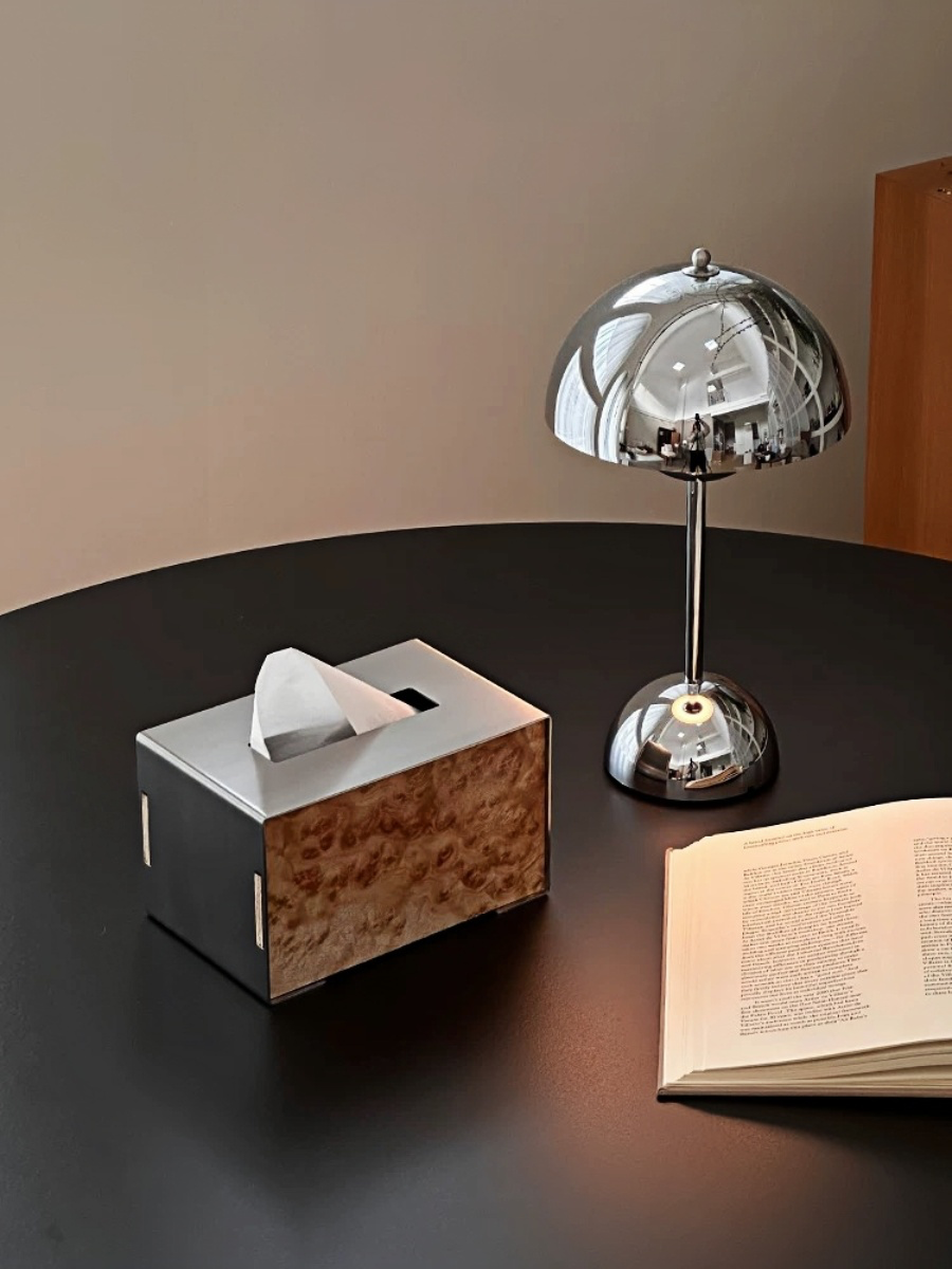 Brushed Stainless Steel Tissue Box with Natural Wood Grain - Chic Chambers