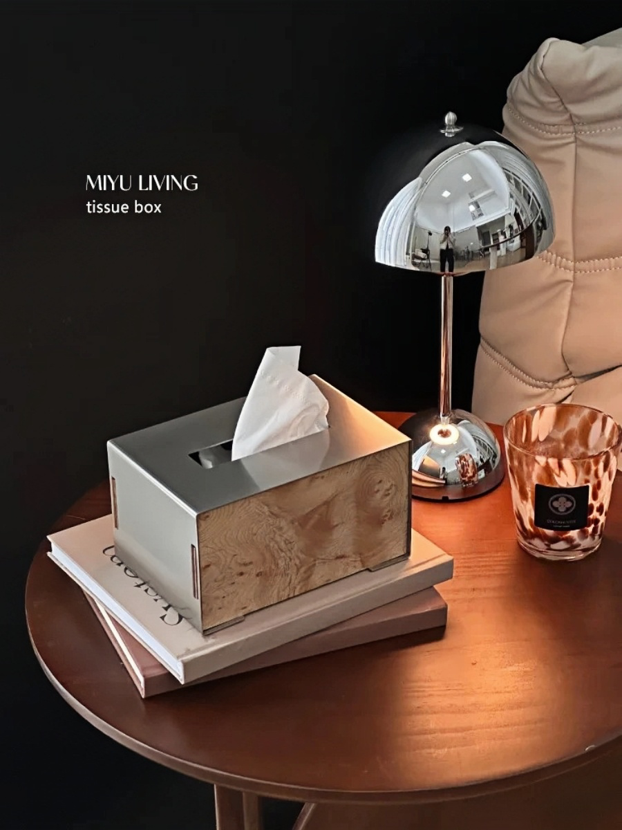 Brushed Stainless Steel Tissue Box with Natural Wood Grain - Chic Chambers