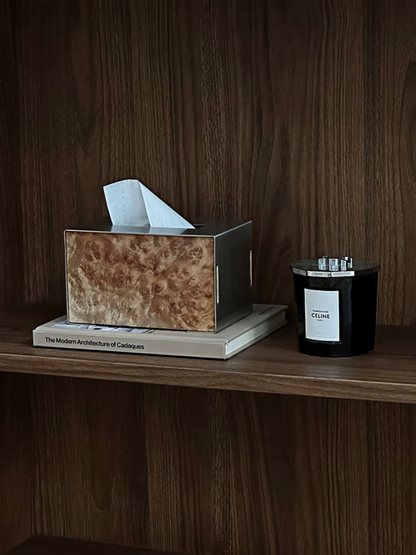 Brushed Stainless Steel Tissue Box with Natural Wood Grain - Chic Chambers