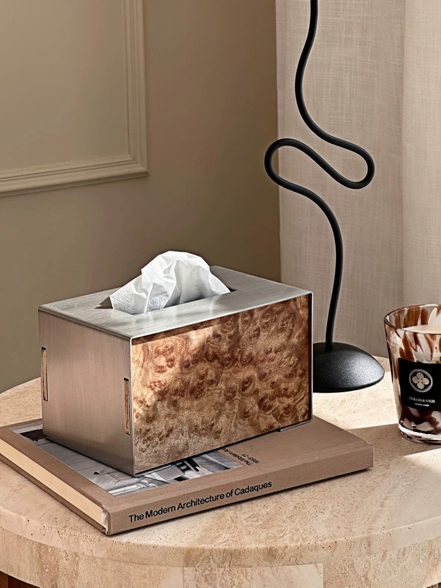 Brushed Stainless Steel Tissue Box with Natural Wood Grain - Chic Chambers