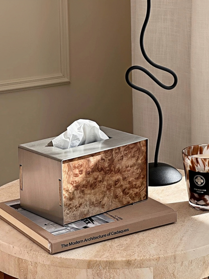 Brushed Stainless Steel Tissue Box with Natural Wood Grain - Chic Chambers