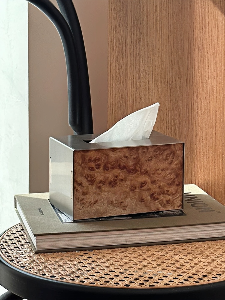 Brushed Stainless Steel Tissue Box with Natural Wood Grain - Chic Chambers
