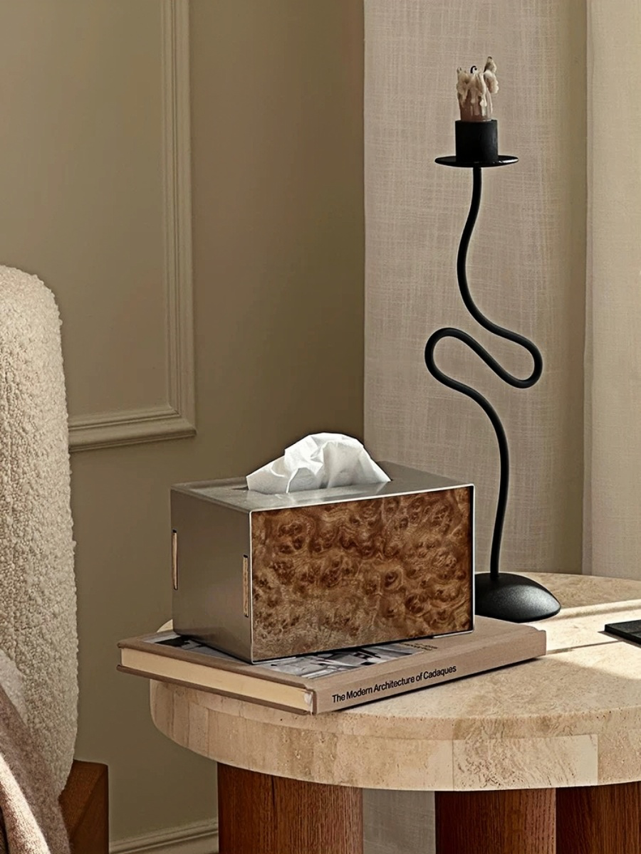 Brushed Stainless Steel Tissue Box with Natural Wood Grain - Chic Chambers