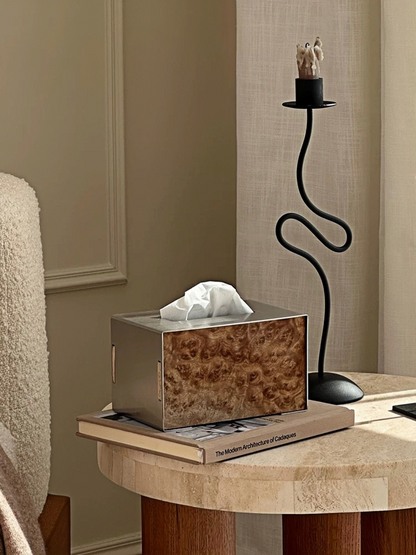 Brushed Stainless Steel Tissue Box with Natural Wood Grain - Chic Chambers