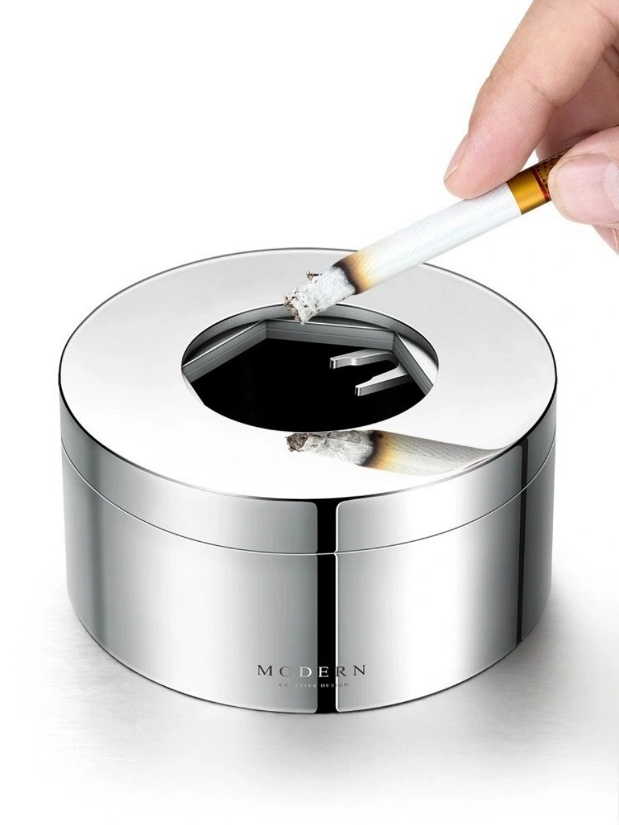 Modern Rotating Lid Stainless Steel Ashtray with Hand-Polished Finish - Chic Chambers