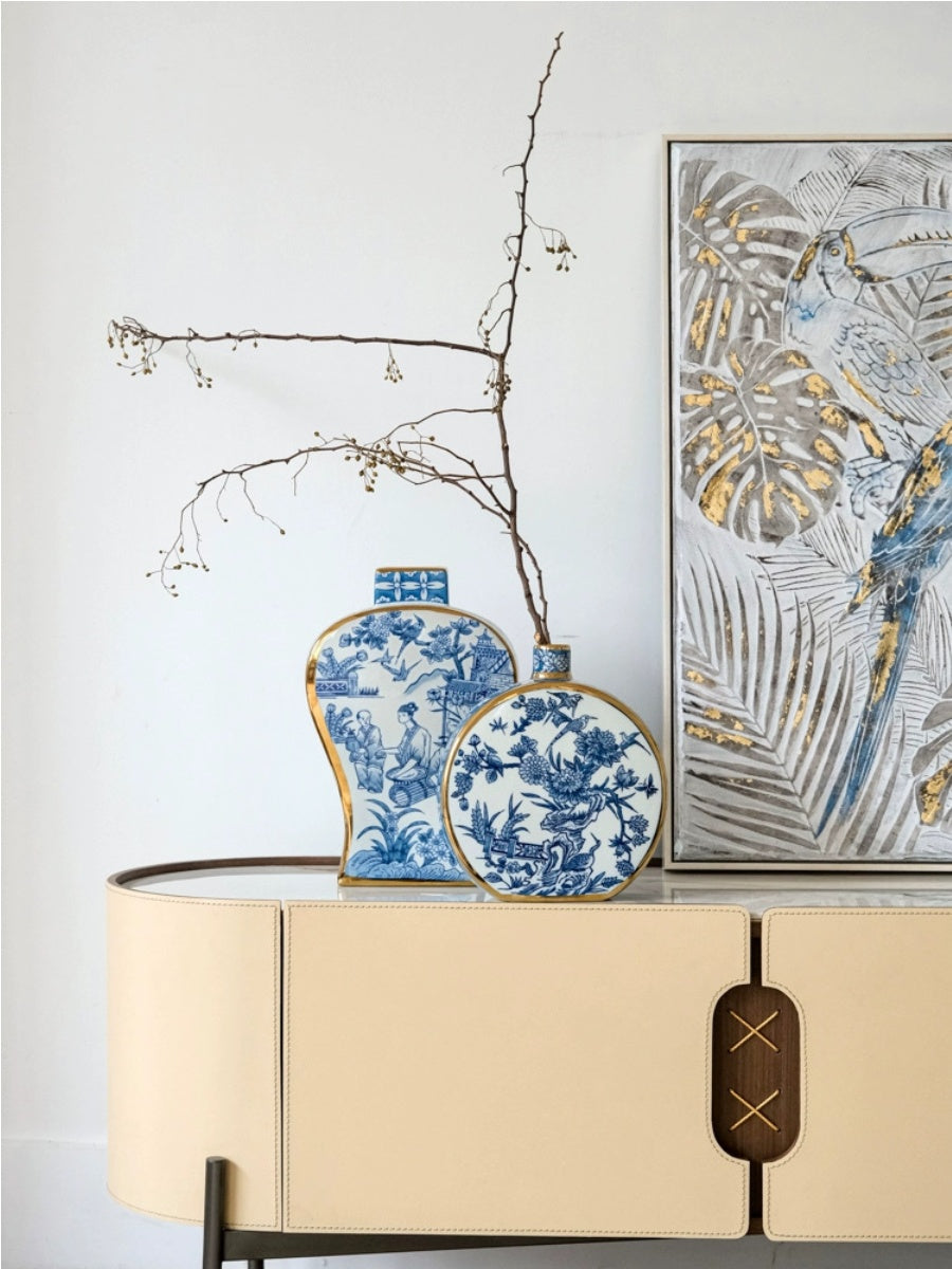 Artistic Blue and White Porcelain Vase Set with Gold Detailing - Chic Chambers