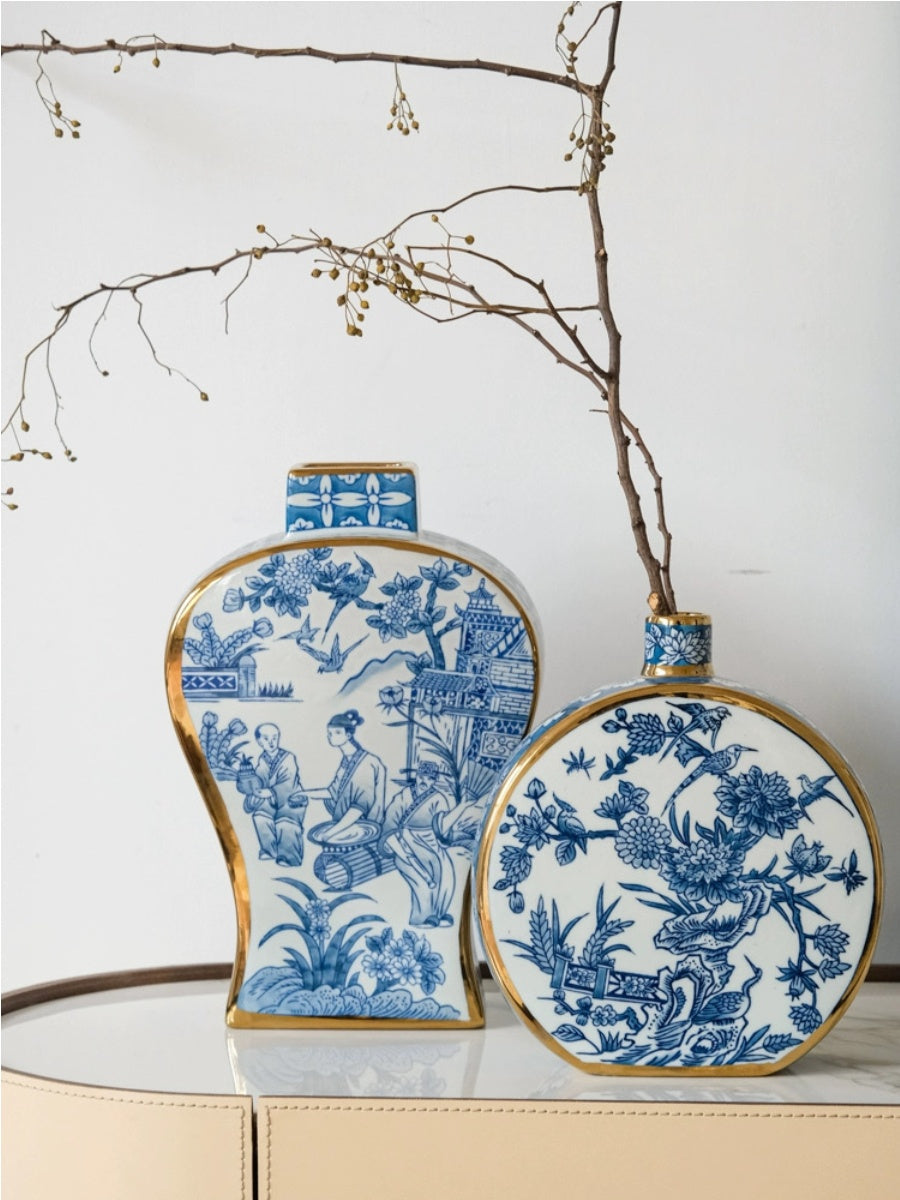 Artistic Blue and White Porcelain Vase Set with Gold Detailing - Chic Chambers