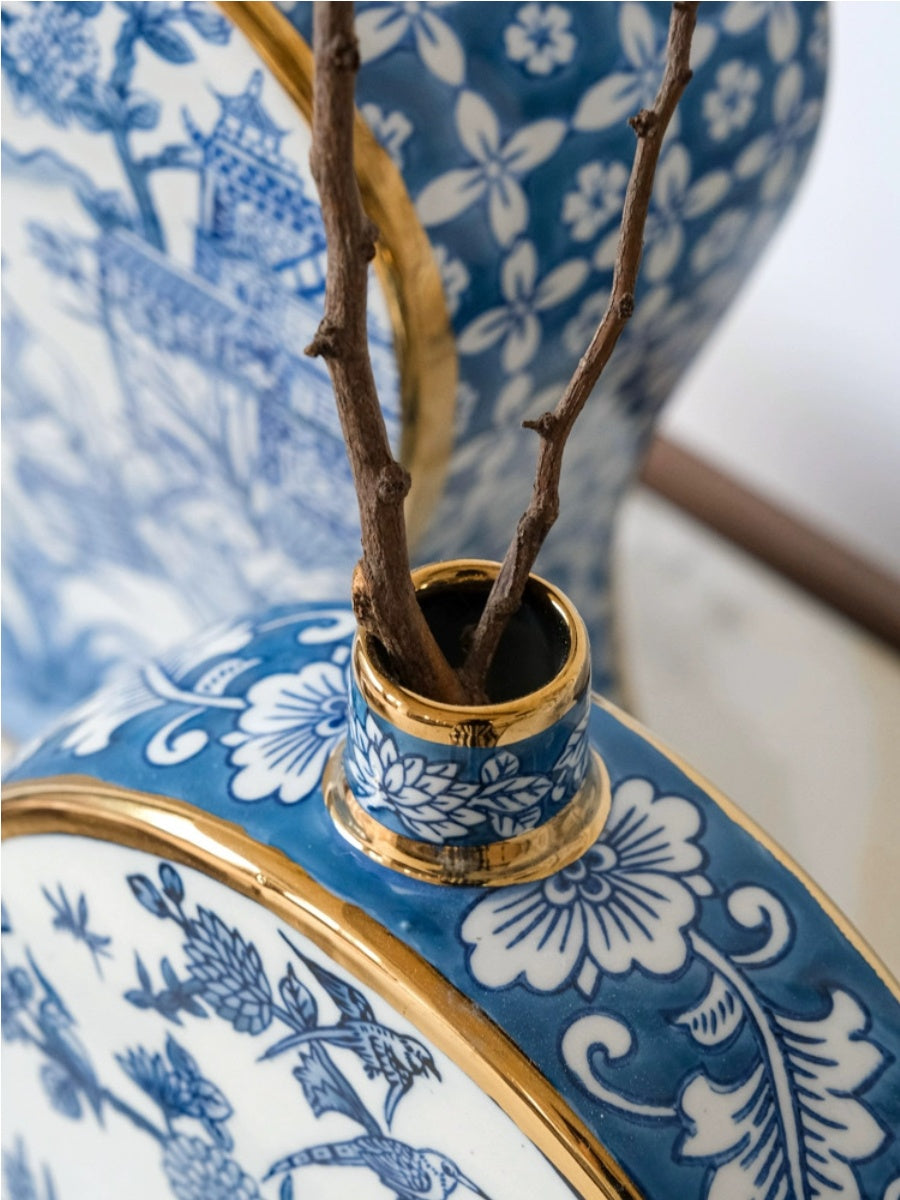 Artistic Blue and White Porcelain Vase Set with Gold Detailing - Chic Chambers