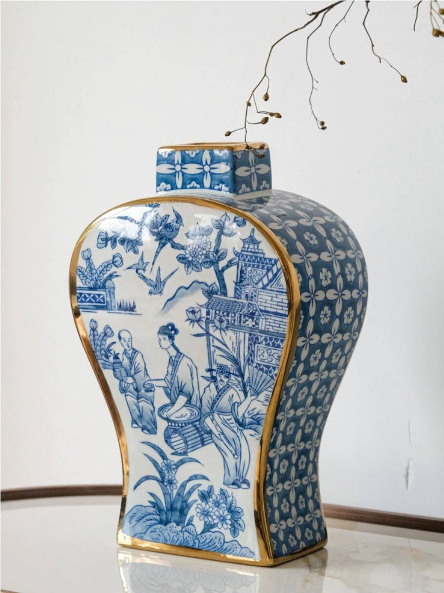 Artistic Blue and White Porcelain Vase Set with Gold Detailing - Chic Chambers