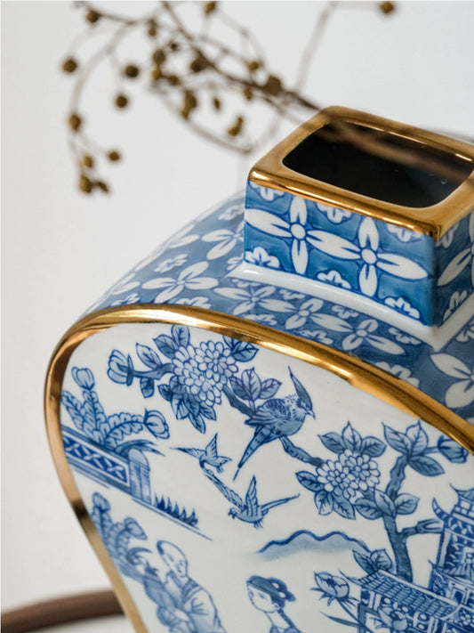 Artistic Blue and White Porcelain Vase Set with Gold Detailing - Chic Chambers