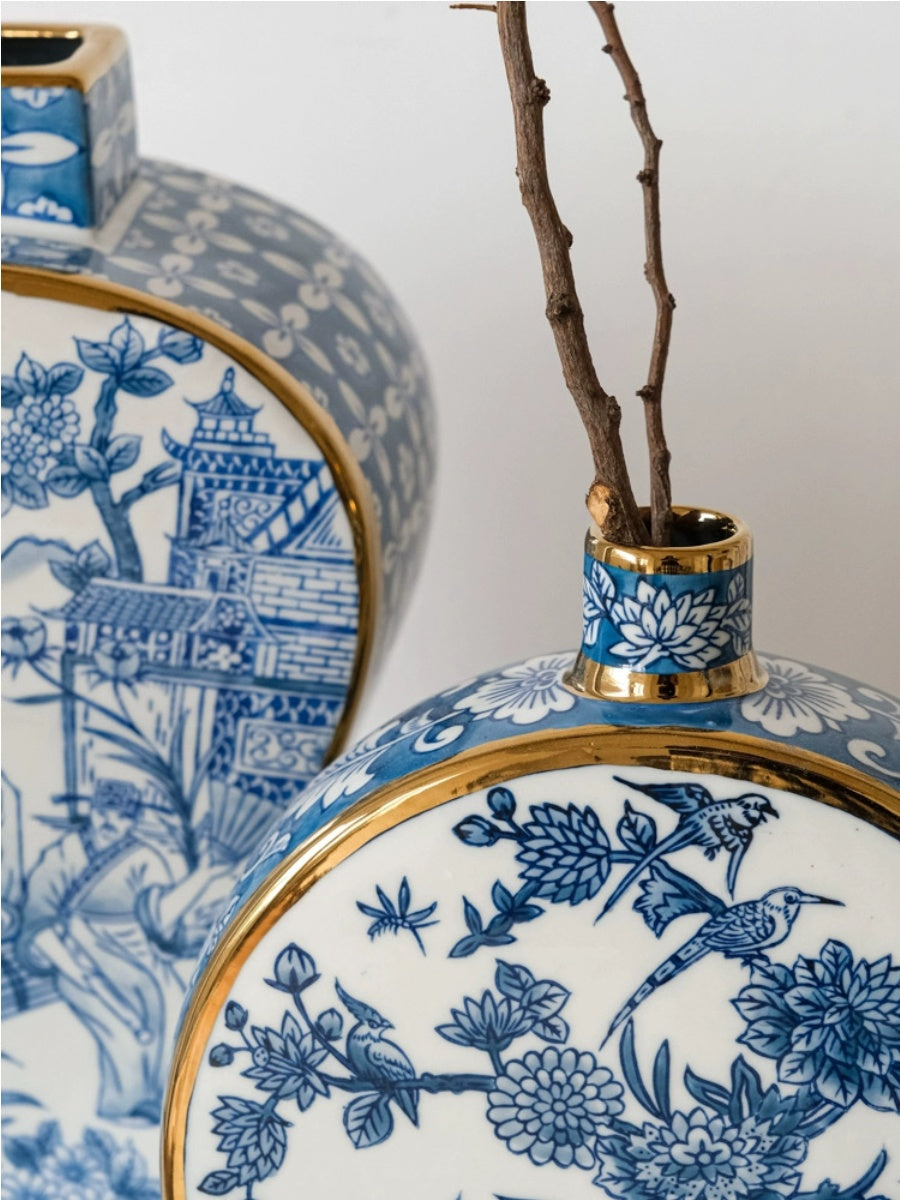 Artistic Blue and White Porcelain Vase Set with Gold Detailing - Chic Chambers