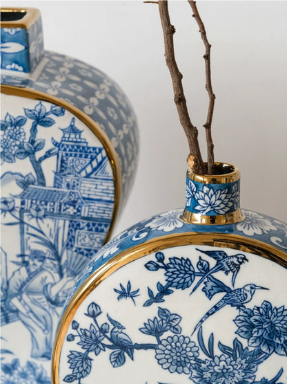 Artistic Blue and White Porcelain Vase Set with Gold Detailing - Chic Chambers