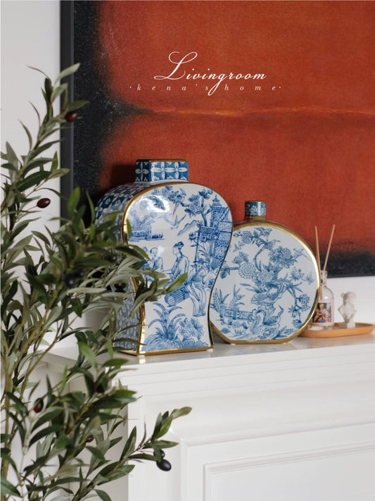 Artistic Blue and White Porcelain Vase Set with Gold Detailing - Chic Chambers