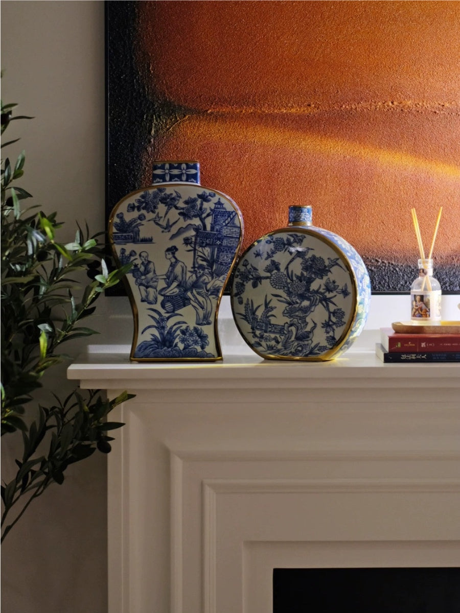 Artistic Blue and White Porcelain Vase Set with Gold Detailing - Chic Chambers