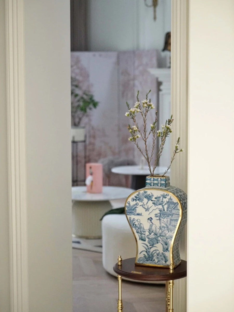 Artistic Blue and White Porcelain Vase Set with Gold Detailing - Chic Chambers