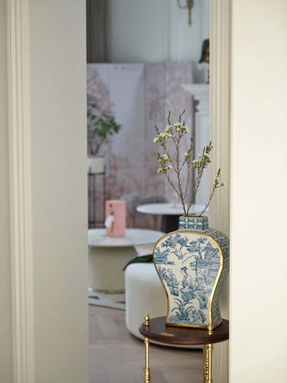 Artistic Blue and White Porcelain Vase Set with Gold Detailing - Chic Chambers