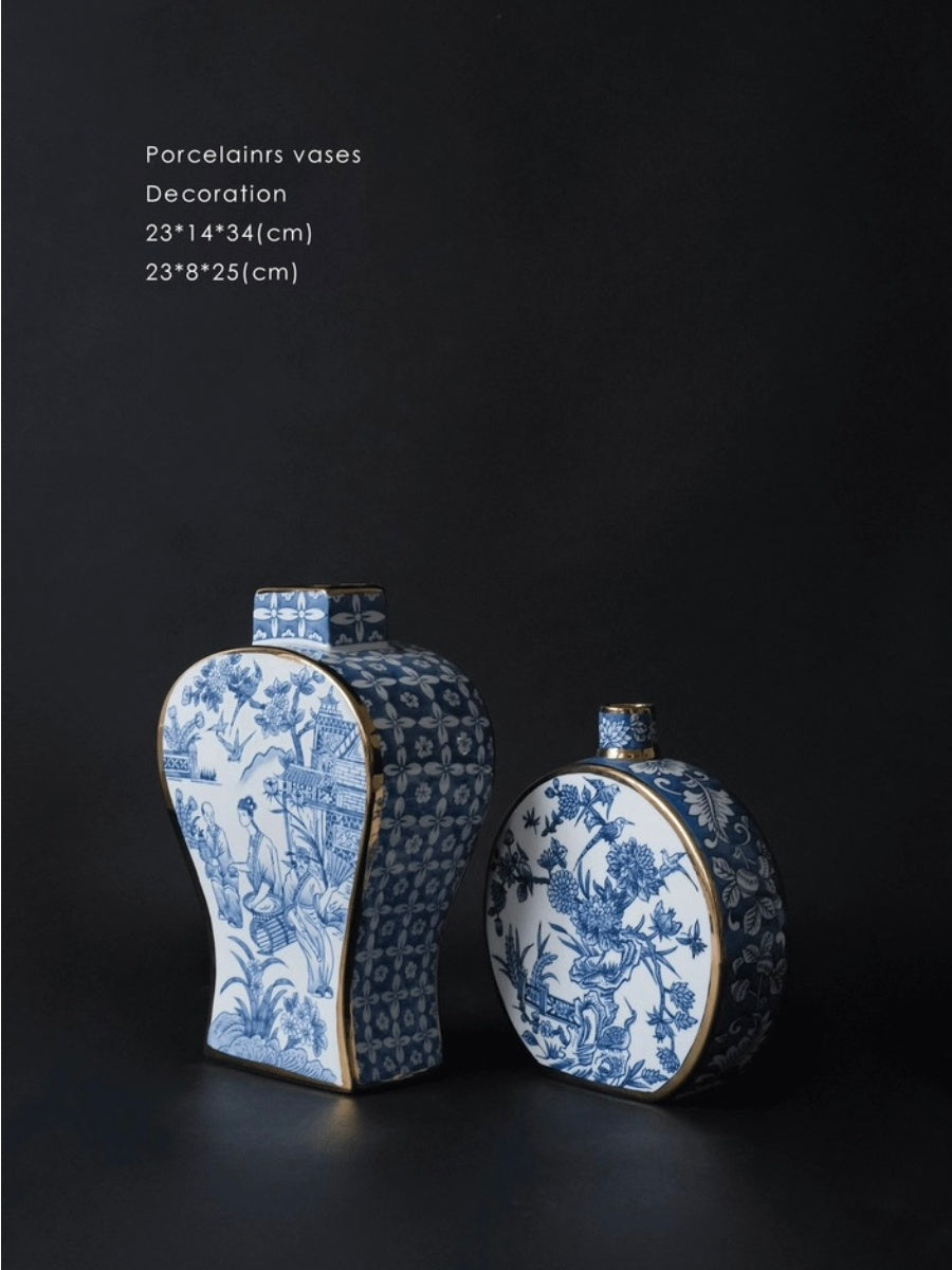 Artistic Blue and White Porcelain Vase Set with Gold Detailing - Chic Chambers