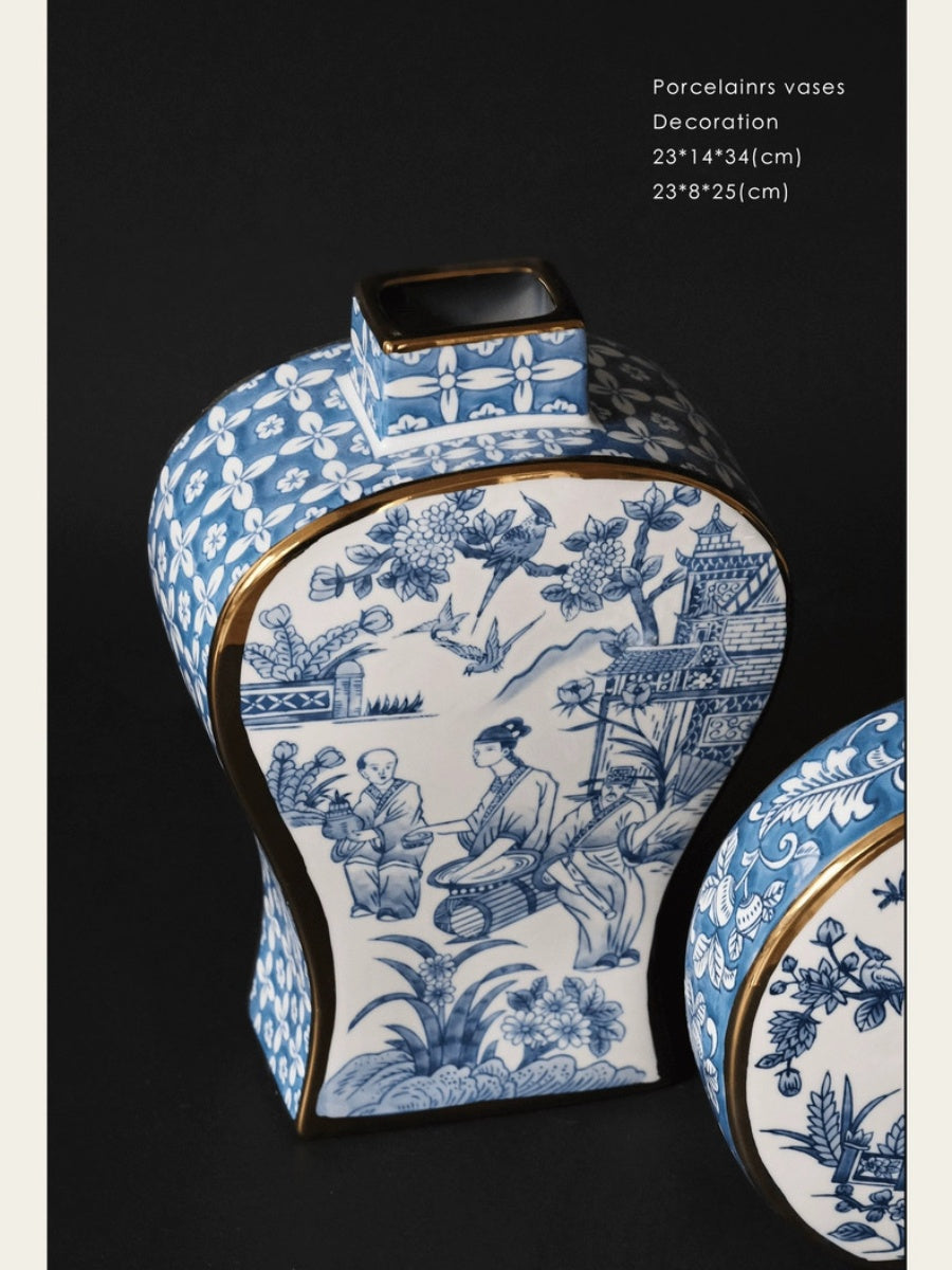 Artistic Blue and White Porcelain Vase Set with Gold Detailing - Chic Chambers