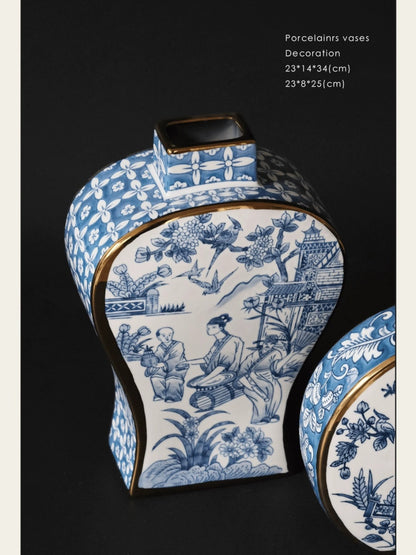 Artistic Blue and White Porcelain Vase Set with Gold Detailing - Chic Chambers