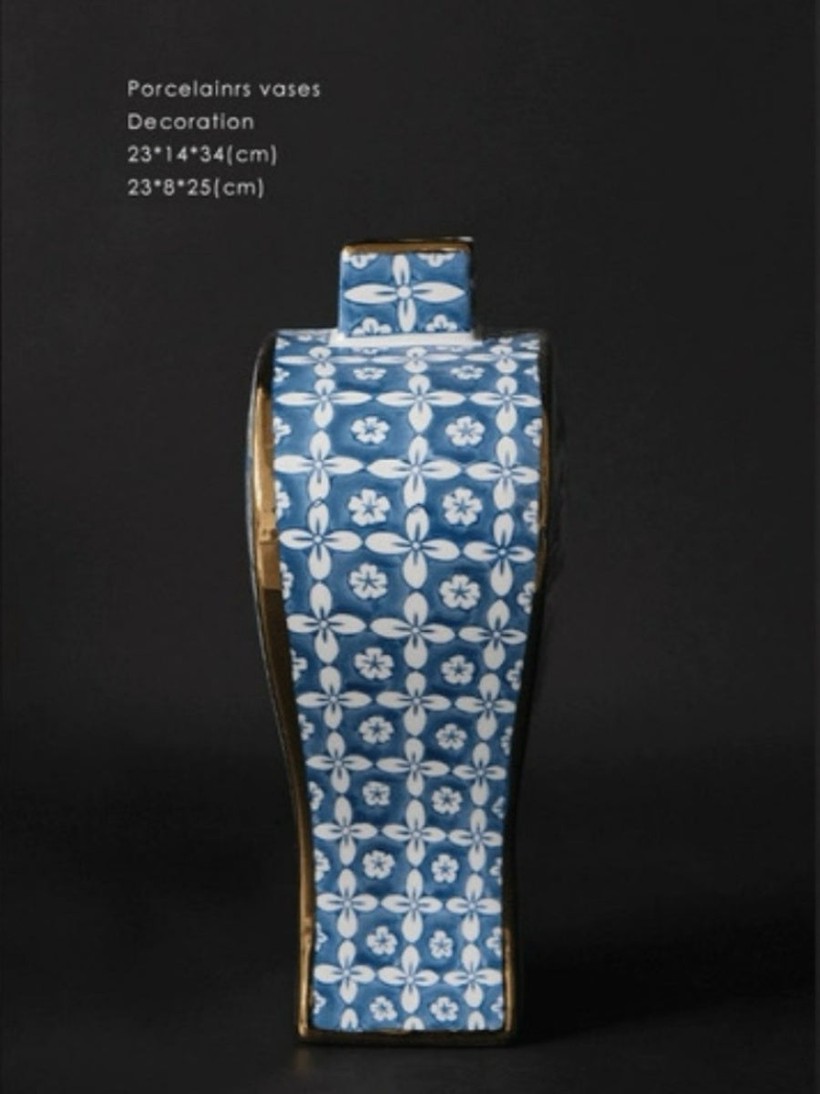 Artistic Blue and White Porcelain Vase Set with Gold Detailing - Chic Chambers